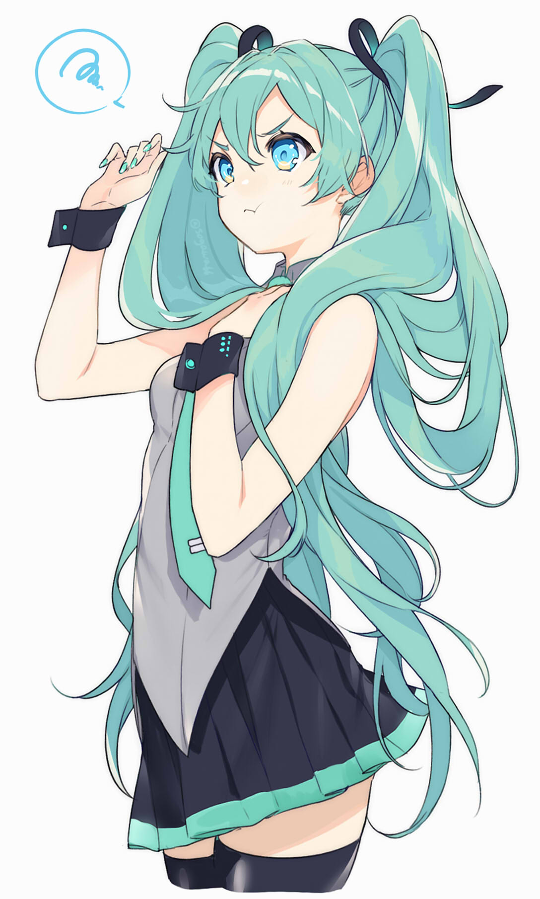 1girl :t annoyed bare_arms bare_shoulders black_legwear black_ribbon black_skirt blue_eyes blue_hair blue_nails blue_neckwear breasts collared_shirt commentary cowboy_shot cropped_legs fingernails frown grey_shirt hair_between_eyes hair_ribbon hand_on_own_chest hand_up hatsune_miku highres legs_together long_hair looking_up necktie no_nose pleated_skirt pout pouty_lips ribbon shiny shiny_hair shirt sidelocks simple_background skirt sleeveless sleeveless_shirt small_breasts sogawa solo speech_bubble spiky_hair spoken_squiggle squiggle straight_hair thigh-highs twintails twitter_username v-shaped_eyebrows very_long_hair vocaloid white_background wrist_cuffs zettai_ryouiki