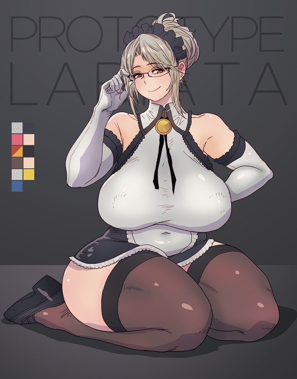 1girl apron bare_shoulders black_footwear black_legwear boots breasts brown_eyes butcherboy covered_navel curvy dress elbow_gloves glasses gloves grey_background hair_bun hand_on_hip high_heel_boots high_heels highres holding holding_eyewear huge_breasts last_origin maid_headdress mature plump prototype_labiata seiza short_dress sidelocks silver_hair sitting smile thick_thighs thigh-highs thighs