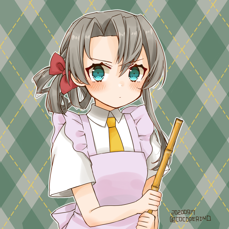 1girl apron aqua_eyes argyle argyle_background asymmetrical_hair bamboo bangs cocoperino commentary_request dated dress_shirt flipped_hair frilled_apron frills green_background kantai_collection looking_at_viewer nowaki_(kantai_collection) pink_apron shirt short_sleeves silver_hair solo swept_bangs twitter_username upper_body white_shirt