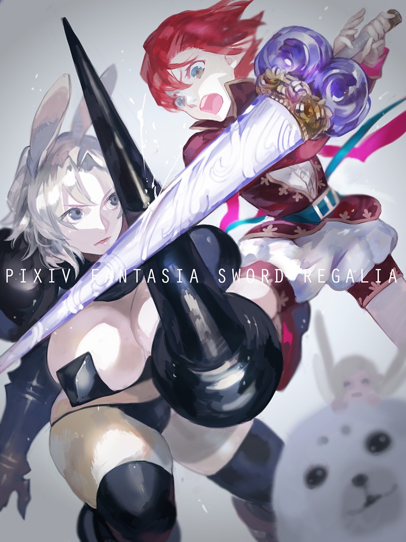 1boy 3girls angry animal_ears armor battle bertolucci_(pixiv_fantasia) blue_eyes blurry blurry_foreground borrowed_character breasts clash copyright_name depth_of_field duel fairy fairy_wings frown fur grey_hair holding holding_weapon huge_breasts impossible_clothes licorice_(pixiv_fantasia) minigirl multiple_girls nishihara_isao open_mouth pale_skin panties pixiv_fantasia pixiv_fantasia_sword_regalia pointy_ears r-riru_(pixiv_fantasia) rabbit_ears redhead seal shandy_(pixiv_fantasia) short_hair shouting string_panties thigh-highs thighs underwear weapon wings