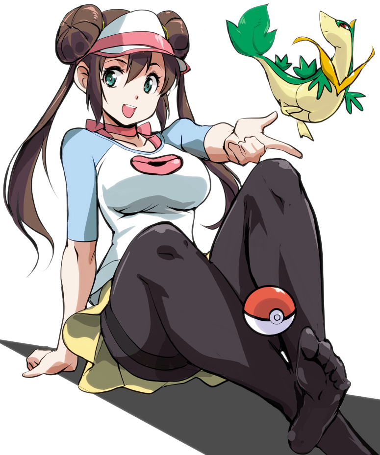 1girl black_legwear blue_eyes blue_sleeves breasts brown_hair collarbone commentary_request double_bun gen_5_pokemon hand_up hat legwear_under_shorts long_hair looking_at_viewer medium_breasts open_mouth outstretched_arm pantyhose poke_ball poke_ball_print pokemon pokemon_(creature) pokemon_(game) pokemon_bw2 print_shirt raglan_sleeves rosa_(pokemon) shirt shorts sidelocks sitting snivy solo thighs twintails visor_cap white_background yellow_shorts yuya