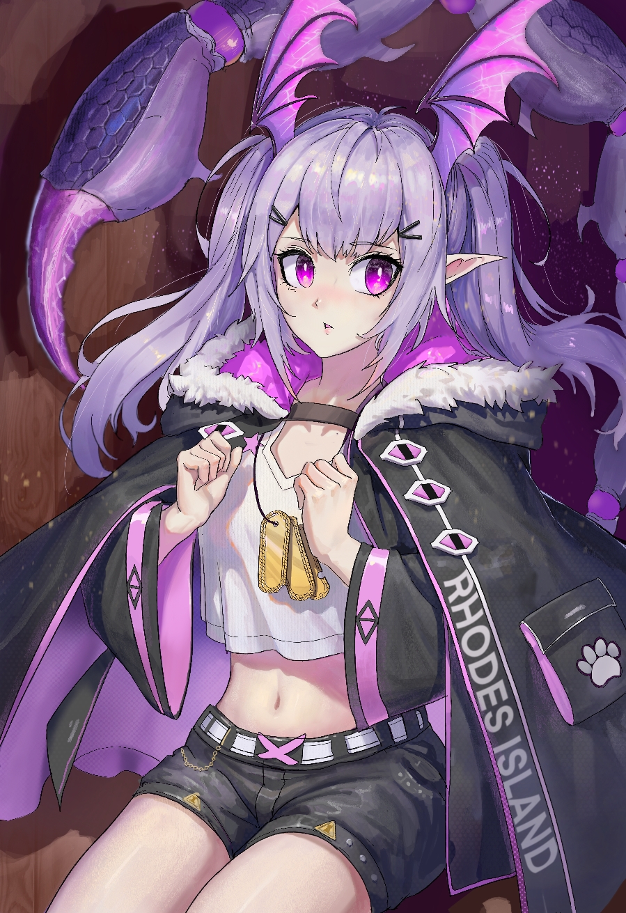 1girl arknights bat_wings black_jacket breasts collar hair_ornament highres jacket long_hair manticore_(arknights) mtzgd navel purple_hair scorpion_tail shirt sitting solo tail violet_eyes white_shirt wing_ears wings wood_background