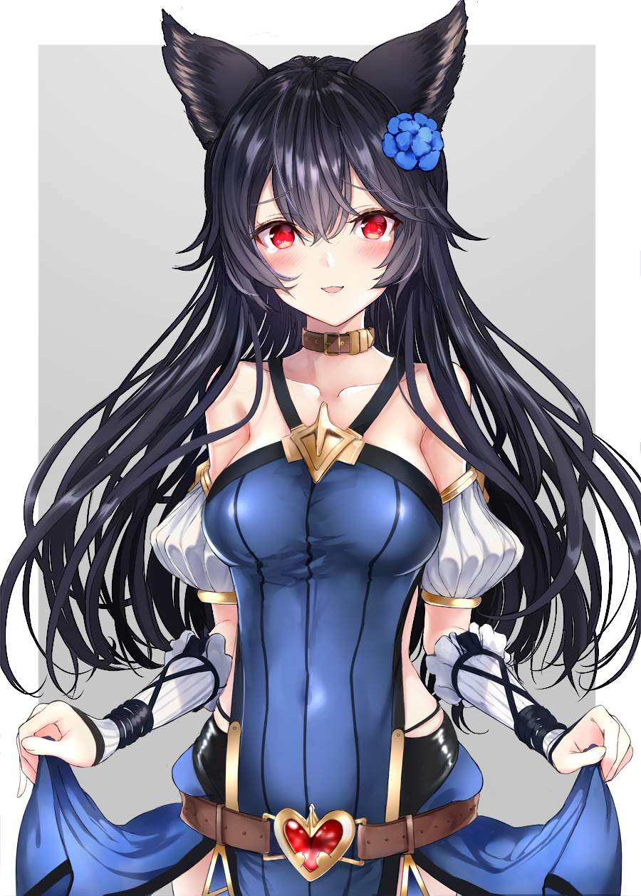 1girl alternate_costume animal_ears bare_shoulders belt black_hair blush collar collarbone commentary_request detached_sleeves erune flower granblue_fantasy hair_flower hair_ornament heart_buckle highres kotonari_seesaa looking_at_viewer nier_(granblue_fantasy) parted_lips red_eyes skin_tight skirt_hold smile solo