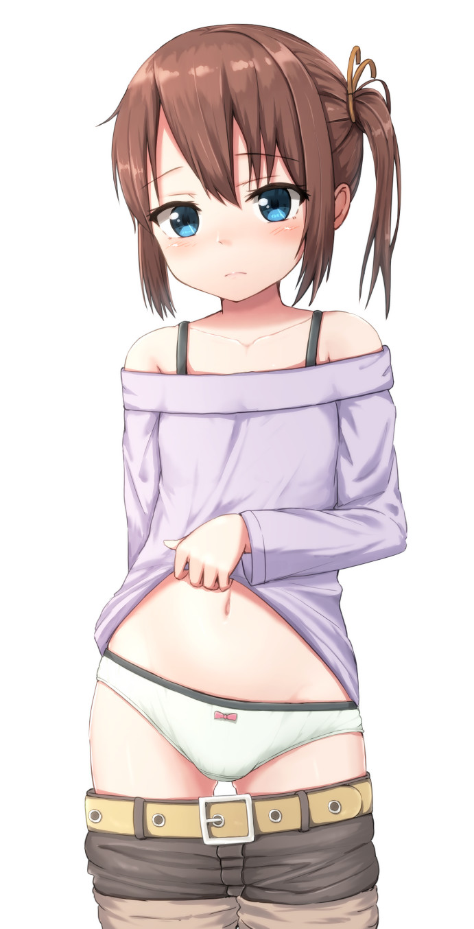 1girl ass_visible_through_thighs bangs bare_shoulders belt belt_buckle black_shorts blue_eyes blush bow bow_panties brown_belt brown_hair brown_ribbon buckle closed_mouth clothes_lift clothes_pull collarbone eyebrows_visible_through_hair hair_between_eyes hair_ribbon highres hippo_(hirople) lifted_by_self long_sleeves navel off-shoulder_shirt off_shoulder original panties purple_shirt ribbon shirt shirt_lift short_shorts shorts shorts_pull side_ponytail simple_background solo underwear white_background white_panties