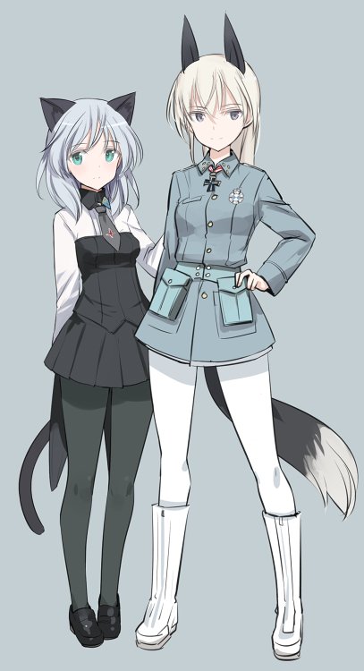 2girls animal_ears black_footwear black_legwear black_skirt boots commentary_request cross dog_ears dog_tail dress eila_ilmatar_juutilainen full_body grey_background grey_dress hand_on_hip loafers long_sleeves looking_at_viewer military military_uniform multiple_girls pantyhose pleated_skirt sanya_v_litvyak shimada_fumikane shoes silver_hair simple_background skirt standing strike_witches tail uniform white_footwear white_legwear world_witches_series