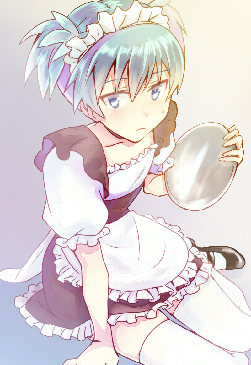 1boy ansatsu_kyoushitsu apron bangs blue_eyes blue_hair blush collarbone dress eyebrows_visible_through_hair frilled_dress frills hair_between_eyes holding maid_apron maid_dress maid_headdress male_focus otoko_no_ko rosa_tsubomi shiota_nagisa shoes short_hair simple_background solo sweat tray white_legwear