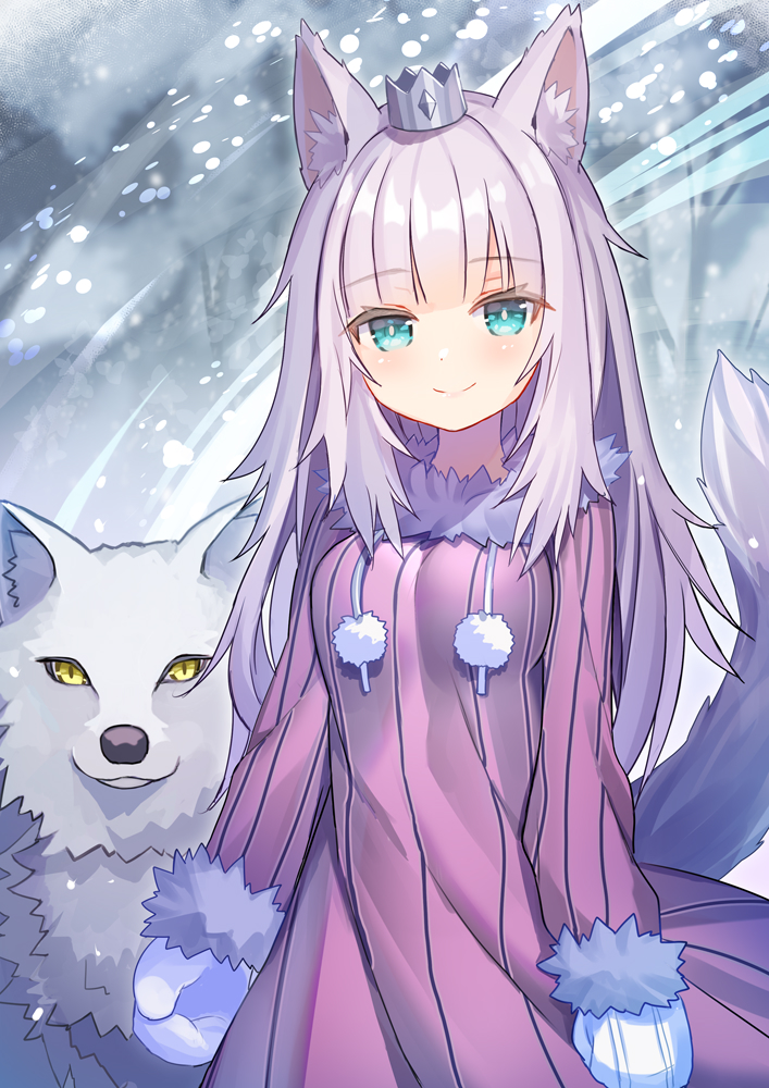 1girl animal animal_ears blue_eyes blush breasts closed_mouth commentary_request copyright_request crown dress fur-trimmed_dress fur-trimmed_sleeves fur_trim gloves long_hair long_sleeves looking_at_viewer medium_breasts mini_crown mittens pink_dress purple_hair rk_(rktorinegi) smile snowing solo striped tail tail_raised vertical-striped_dress vertical_stripes very_long_hair white_mittens wolf wolf_ears wolf_girl wolf_tail yellow_eyes