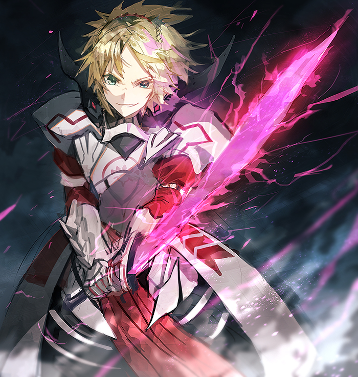 1girl armor bangs blonde_hair breastplate commentary_request cowboy_shot fate/apocrypha fate_(series) gauntlets glowing glowing_weapon green_eyes grin holding holding_sword holding_weapon long_hair long_sleeves looking_at_viewer mordred_(fate) mordred_(fate)_(all) mura_karuki pauldrons ponytail shoulder_armor smile solo standing sword weapon