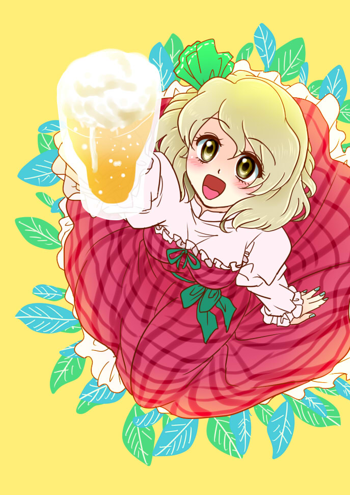 1girl alcohol beer beerko blonde_hair blush bow cup dress drinking_glass eyebrows_visible_through_hair frilled_dress frills green_nails green_ribbon hair_ribbon happy holding leaf long_sleeves myouga_teien open_mouth original plaid puffy_long_sleeves puffy_sleeves purple_dress ribbon shirt short_hair simple_background strapless strapless_dress wine_glass yellow_eyes