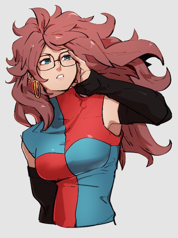 1girl android_21 breasts checkered checkered_dress detached_sleeves dragon_ball dragon_ball_fighterz dress earrings glasses grey_background hand_up hoop_earrings jewelry kemachiku long_hair looking_to_the_side medium_breasts redhead simple_background solo upper_body