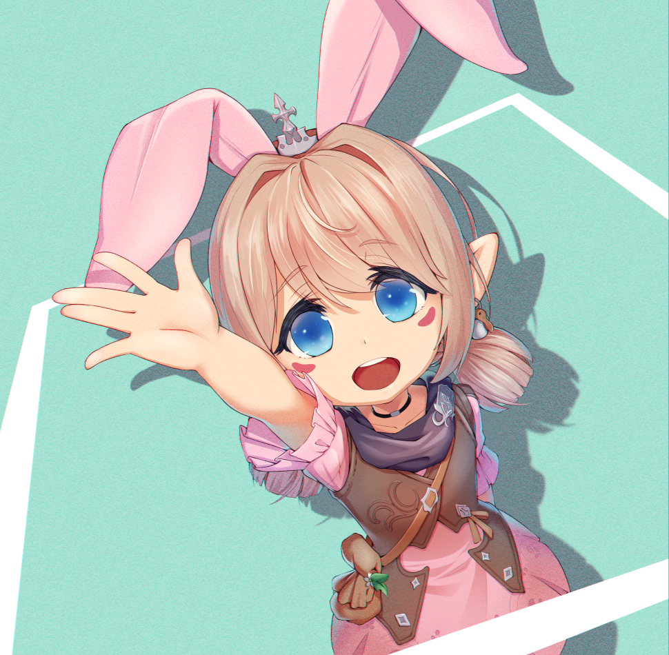 1girl animal_ears bangs blonde_hair blue_eyes blush choker dress eyebrows_visible_through_hair final_fantasy final_fantasy_xiv foreshortening junkun lalafell looking_at_viewer open_mouth outstretched_hand rabbit_ears smile solo twintails