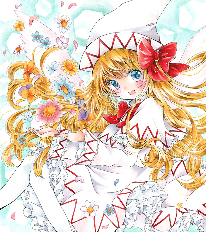 1girl :d blonde_hair blue_eyes blush bow bowtie capelet dress fairy_wings flower_request frilled_skirt frills hair_bow hat knees_together_feet_apart lace-trimmed_capelet lace-trimmed_sleeves lily_white long_hair long_sleeves looking_at_viewer marker_(medium) mizame open_mouth petticoat red_bow red_neckwear skirt smile solo touhou traditional_media white_legwear wings