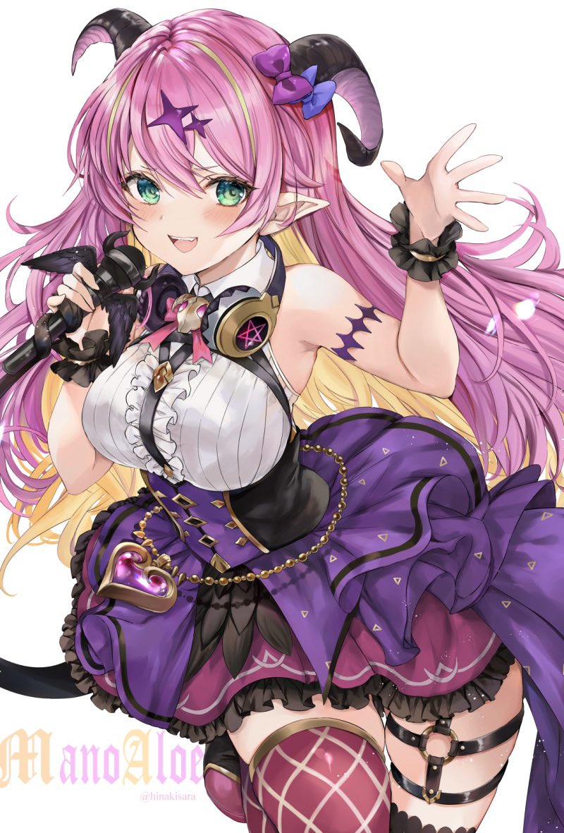 1girl :d asymmetrical_horns bare_shoulders blonde_hair blush bow breasts demon_horns eyebrows_visible_through_hair green_eyes hair_between_eyes hair_ornament hand_up headphones headphones_around_neck hinahino holding holding_microphone hololive horns long_hair looking_at_viewer mano_aloe microphone mismatched_legwear multicolored_hair music open_mouth pink_hair pointy_ears singing skindentation sleeveless smile solo standing standing_on_one_leg two-tone_hair virtual_youtuber