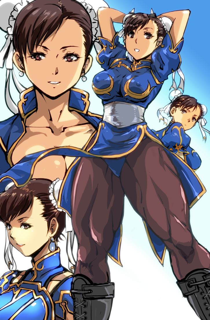 1girl alternate_costume armor arms_up blue_dress bracelet breasts brown_eyes brown_hair brown_legwear bun_cover china_dress chinese_clothes chun-li collarbone commentary_request covered_nipples double_bun dress earrings from_behind gold_trim jewelry lipstick looking_at_viewer makeup medium_breasts multiple_views open_clothes open_dress open_mouth pantyhose pelvic_curtain puffy_sleeves red_lips sash short_sleeves simple_background spiked_bracelet spikes standing street_fighter thighs wind wind_lift yuya
