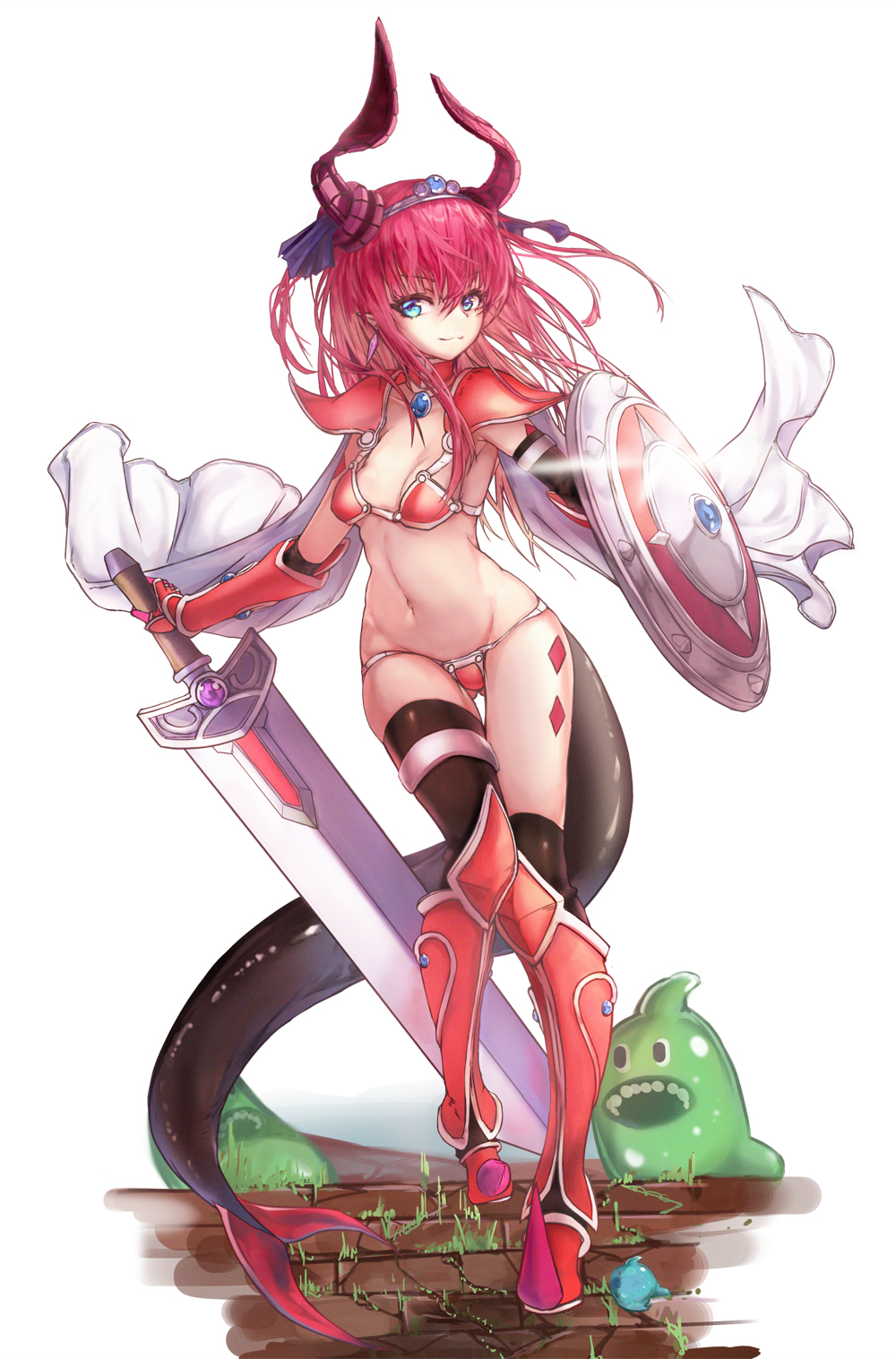 1girl armor armored_boots asymmetrical_horns bikini bikini_armor black_legwear blue_eyes blue_ribbon boots breasts broadsword cape choker curled_horns dragon_horns dragon_tail elizabeth_bathory_(brave)_(fate) elizabeth_bathory_(fate)_(all) fate/grand_order fate_(series) full_body hair_ribbon highres hokaru horns knee_boots long_hair loose_bikini navel oversized_clothes pauldrons pink_hair pointy_ears red_armor red_bikini red_choker red_footwear ribbon shield shoes shoulder_armor silver_trim slime small_breasts solo spiked_boots spiked_footwear spiked_shoes spikes string_bikini swimsuit tail thigh-highs tiara two_side_up vambraces very_long_hair white_cape