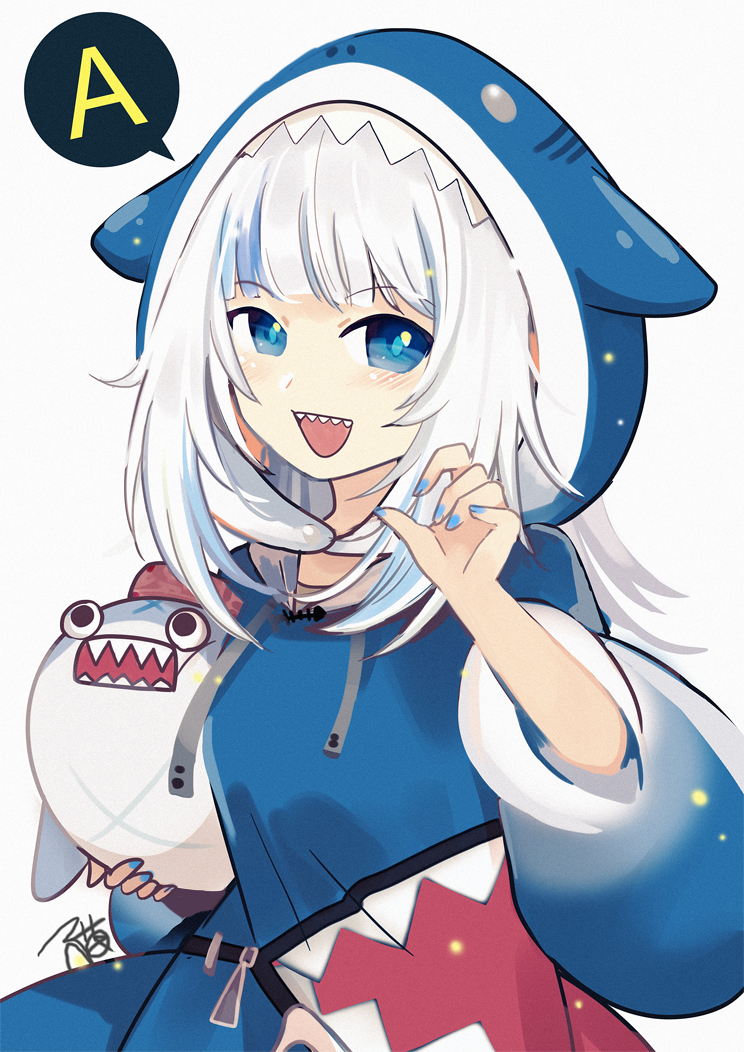 1girl :d a aa2233a bloop_(gawr_gura) blue_eyes blue_nails claw_pose drawstring eyebrows_visible_through_hair fish_skeleton gawr_gura hand_up holding holding_stuffed_toy hololive hololive_english hood long_sleeves looking_at_viewer open_mouth shark shark_costume shark_girl shark_hood shark_print sharp_teeth silver_hair simple_background smile solo spoken_letter stuffed_animal stuffed_shark stuffed_toy teeth virtual_youtuber white_background