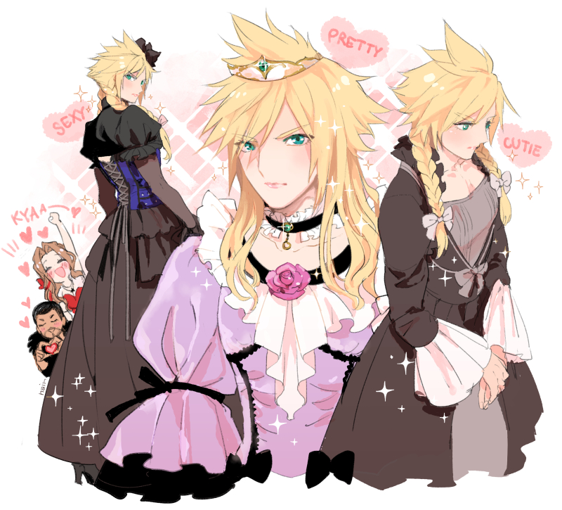 1girl 2boys aerith_gainsborough alternate_costume andrea_rhodea black_dress blonde_hair blush bow braid cloud_strife crossdressinging dress final_fantasy final_fantasy_vii final_fantasy_vii_remake frilled_dress frilled_sleeves frills hair_bow heart heart_hands multiple_boys multiple_persona nair purple_dress sparkle spiky_hair tiara twin_braids