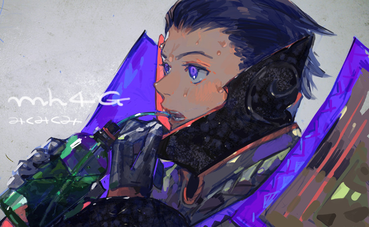 1boy armor black_hair bottle drink drinking_straw from_side gloves hair_slicked_back holding holding_bottle monster_hunter monster_hunter_4_g nishihara_isao open_mouth short_hair solo sweat teeth violet_eyes