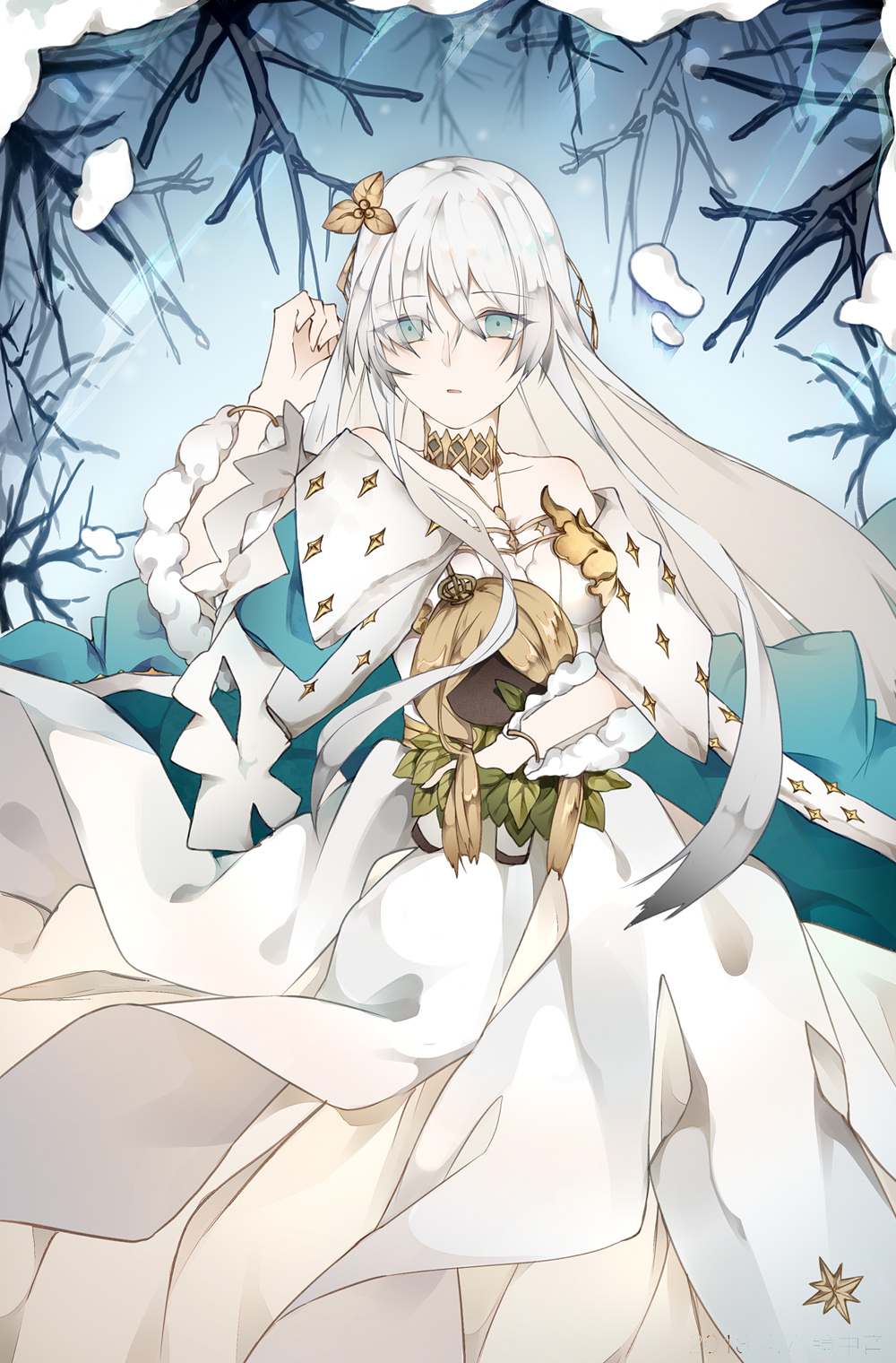 1girl anastasia_(fate) bangs blue_eyes breasts cape cloak crown doll dress eyebrows_visible_through_hair fate/grand_order fate_(series) fur_trim hair_between_eyes hair_over_one_eye hairband highres jewelry jingzhongyin large_breasts leaf long_hair looking_at_viewer open_mouth silver_hair snow solo tree_branch very_long_hair white_dress