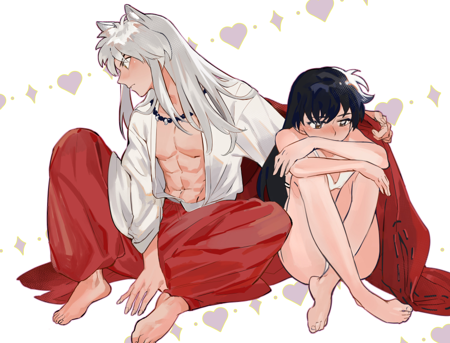 1boy 1girl abs animal_ears barefoot black_hair blush bra dog_ears gwillarmy heart higurashi_kagome inuyasha inuyasha_(character) jewelry knees_up looking_away necklace panties shared_clothes silver_hair sitting toes underwear wariza white_bra white_panties