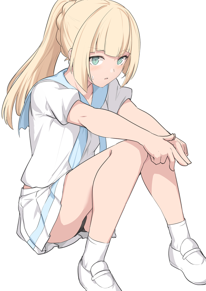 1girl bangs blonde_hair blue_neckwear blunt_bangs blush breasts green_eyes lillie_(pokemon) long_hair looking_at_viewer pleated_skirt pokemon pokemon_(game) pokemon_sm sailor_collar school_uniform serafuku shiseki_hirame simple_background skirt white_background white_sailor_collar white_skirt