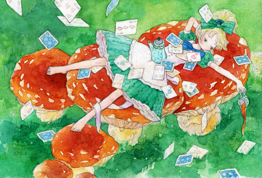 1girl bangs barefoot blonde_hair blue_bow blush bow card cup dress fly_agaric frilled_dress frills green_bow green_dress hair_bow long_hair lying mushroom on_back original pouring puffy_short_sleeves puffy_sleeves short_sleeves solo ta7ma4 teacup teapot traditional_media watercolor_(medium)