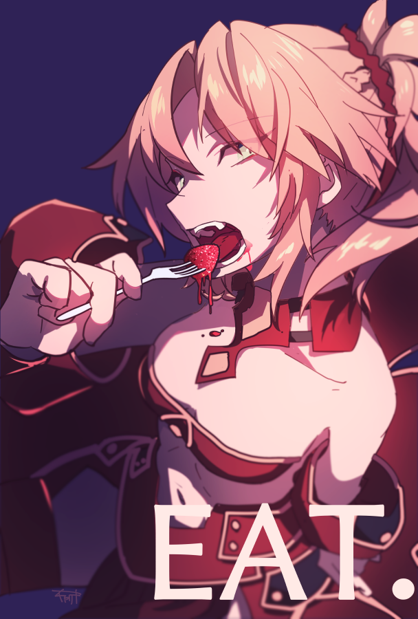 1girl bangs blonde_hair braid breasts chariki eyebrows_visible_through_hair fate/apocrypha fate/grand_order fate_(series) green_eyes hair_ornament hair_scrunchie looking_at_viewer mordred_(fate) mordred_(fate)_(all) navel open_mouth ponytail red_scrunchie scrunchie short_hair small_breasts solo