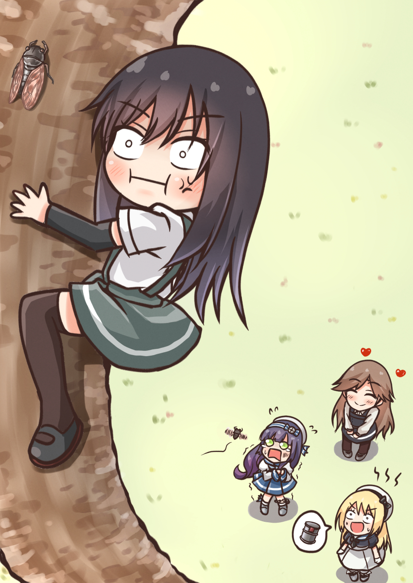 4girls arashio_(kantai_collection) arm_warmers asashio_(kantai_collection) black_hair black_legwear blonde_hair blue_sailor_collar bug cicada comiching dress drum_(container) eyebrows_visible_through_hair hat highres insect jervis_(kantai_collection) kantai_collection long_hair long_sleeves matsuwa_(kantai_collection) multiple_girls open_mouth sailor_collar shirt short_sleeves skirt smile suspenders thigh-highs tree white_dress white_shirt