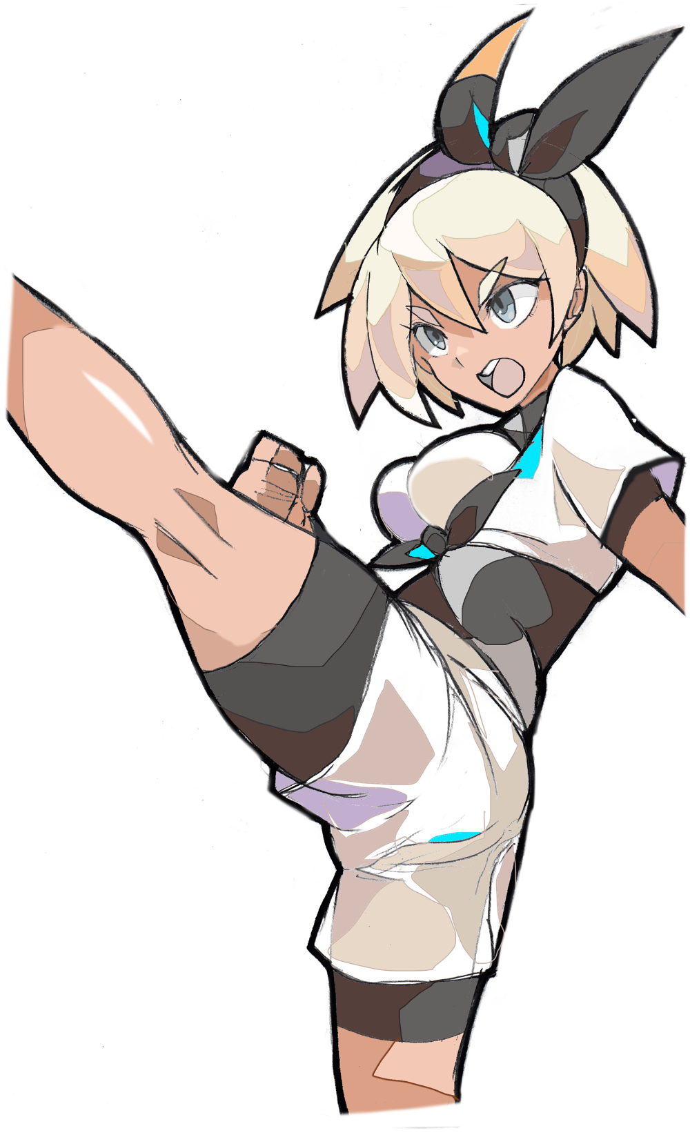 1girl bangs bea_(pokemon) black_bodysuit black_hairband blonde_hair bodysuit bodysuit_under_clothes bow_hairband clenched_hand commentary enpe eyebrows_visible_through_hair grey_eyes gym_leader hair_between_eyes hairband highres leg_up open_mouth pokemon pokemon_(game) pokemon_swsh shirt short_hair short_sleeves shorts solo teeth tied_shirt tongue