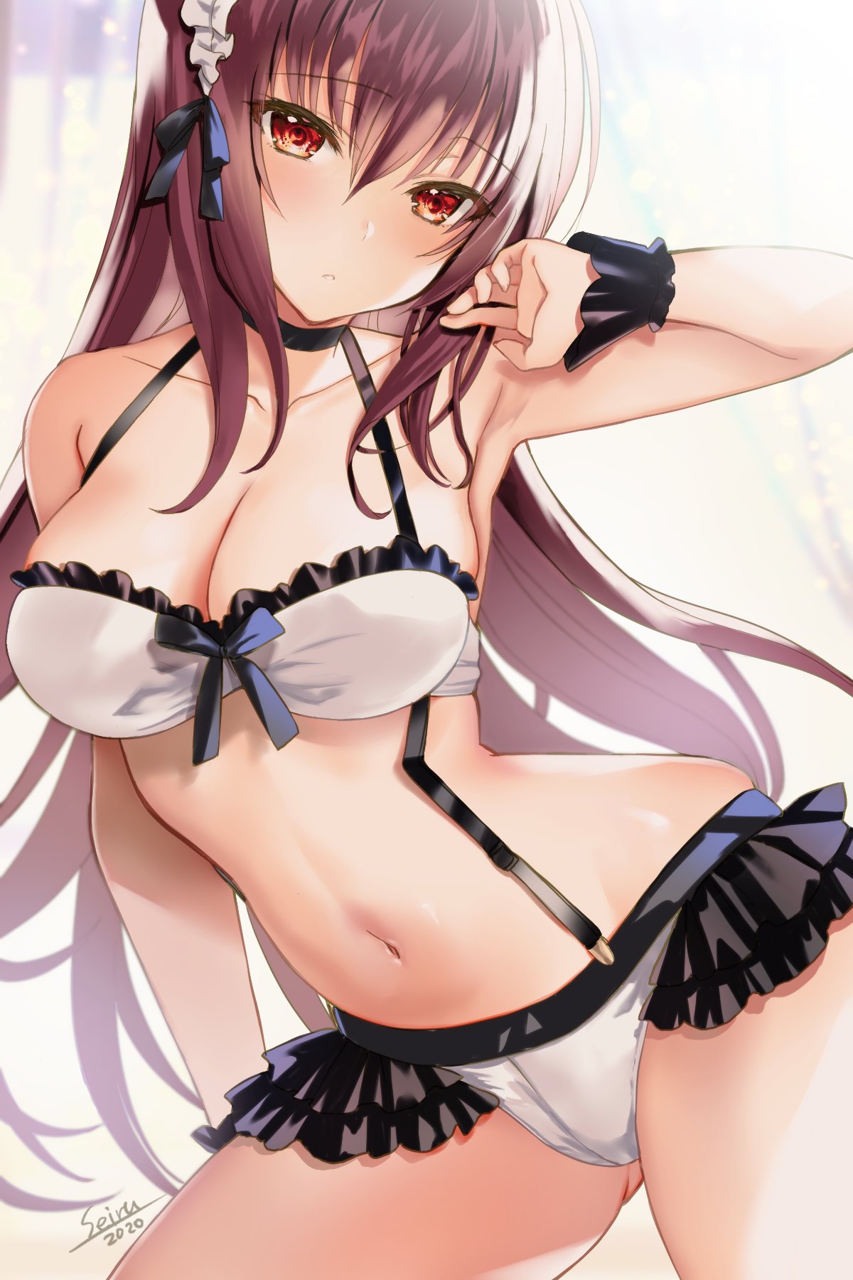 1girl armpits bangs bikini blush breasts choker eyebrows_visible_through_hair fate/grand_order fate_(series) frills hair_between_eyes halter_top halterneck hand_up highres hijiri_ruka large_breasts long_hair looking_at_viewer maid_bikini maid_headdress navel purple_hair red_eyes scathach_(fate)_(all) scathach_(fate/grand_order) shiny shiny_skin sidelocks solo stomach swimsuit thighs very_long_hair wrist_cuffs