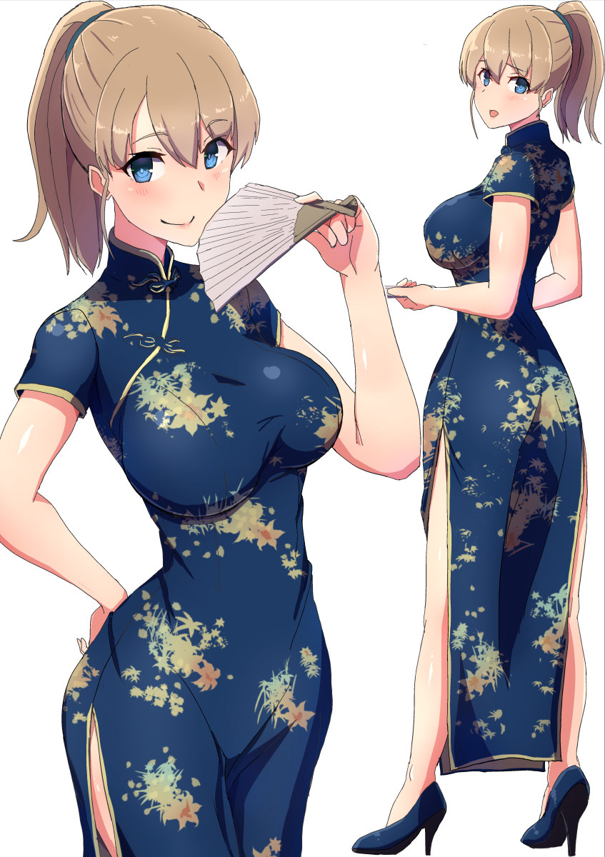 1girl alternate_costume blue_dress blue_eyes blue_footwear breasts brown_hair china_dress chinese_clothes comala_(komma_la) commentary cowboy_shot dress floral_print full_body high_heels highres intrepid_(kantai_collection) kantai_collection large_breasts looking_at_viewer multiple_views ponytail short_hair simple_background standing white_background