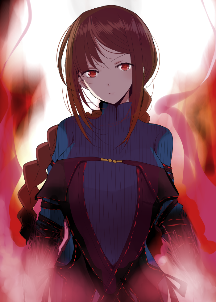 1girl bangs black_dress black_gloves blue_dress blush braid braided_ponytail breasts brown_hair center_opening consort_yu_(fate) dress elbow_gloves fate/grand_order fate_(series) fire gloves han_(jackpot) layered_dress long_hair long_sleeves looking_at_viewer medium_breasts red_eyes ribbed_dress ribbon-trimmed_dress sidelocks turtleneck_dress very_long_hair