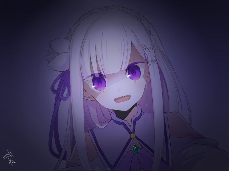 1girl :d amagasa_nadame bangs braid butterfly_hair_ornament commentary_request crown_braid dress emilia_(re:zero) eyebrows_visible_through_hair flower grey_background hair_flower hair_ornament hair_ribbon long_hair looking_at_viewer neck_ribbon open_mouth purple_ribbon re:zero_kara_hajimeru_isekai_seikatsu ribbon shoulder_cutout signature smile solo upper_body violet_eyes white_dress white_flower white_hair