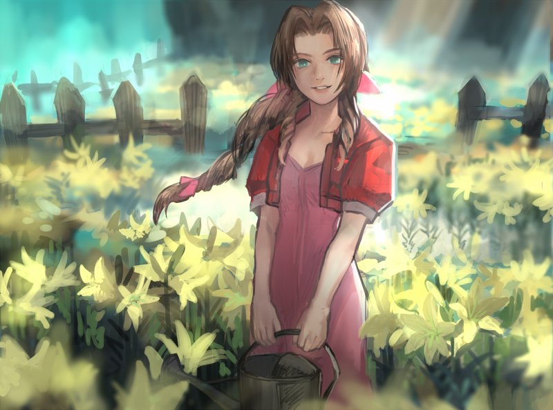 1girl aerith_gainsborough bow braid breasts brown_hair cropped_jacket dress fence final_fantasy final_fantasy_vii flower green_eyes hair_ribbon long_hair looking_at_viewer pink_bow pink_dress ribbon sasumata_jirou smile solo