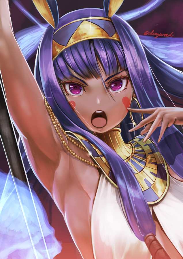1girl abazu-red animal_ears arm_up armpits bangs blunt_bangs commentary_request dark_skin earrings facepaint fate/grand_order fate_(series) glint hairband hoop_earrings jackal_ears jewelry long_hair looking_at_viewer nitocris_(fate/grand_order) open_mouth skull sleeveless solo staff twitter_username two-tone_hairband v-shaped_eyebrows very_long_hair violet_eyes