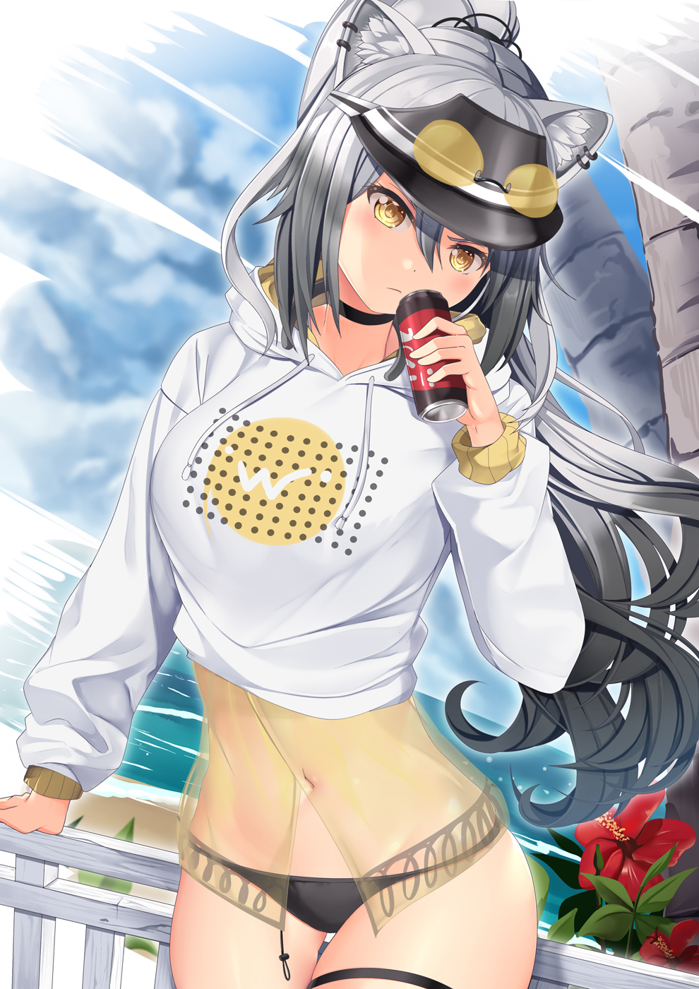 1girl animal_ears arknights arm_support bangs bikini bikini_bottom black_bikini black_choker breasts can cat_ears choker cowboy_shot crop_top day earrings eyewear_on_headwear groin highres holding holding_can hood hood_down hoodie jewelry leaning long_hair long_sleeves looking_at_viewer medium_breasts multiple_earrings navel no_pants outdoors ponytail schwarz_(arknights) see-through silver_hair solo standing stomach string_bikini sunglasses swimsuit thigh_strap thighs tinted_eyewear toned v-shaped_eyebrows visor_cap yasume_yukito yellow_eyes