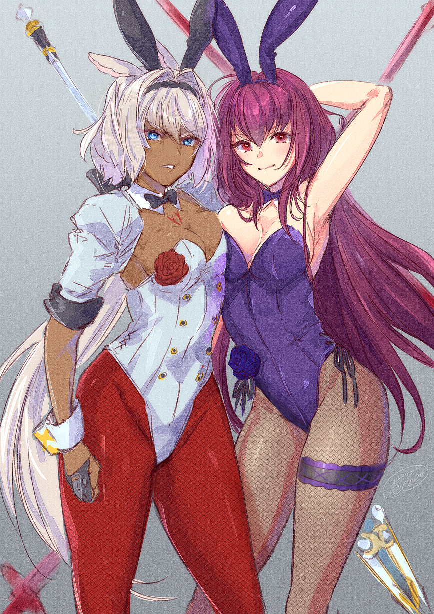 2girls animal_ears arm_behind_head arm_up armpits bangs blue_eyes blush body_markings breasts bunnysuit buttons caenis_(fate) clenched_teeth closed_mouth detached_collar fake_animal_ears fate/grand_order fate_(series) fishnet_legwear fishnets gae_bolg hair_between_eyes hairband highleg highleg_leotard highres ittokyu juliet_sleeves large_breasts leotard long_hair long_sleeves looking_at_viewer multiple_girls pantyhose polearm ponytail puffy_sleeves purple_hair purple_leotard rabbit_ears red_eyes red_legwear scathach_(fate)_(all) scathach_(fate/grand_order) shrug_(clothing) silver_hair smile spear teeth thighs weapon white_leotard wrist_cuffs