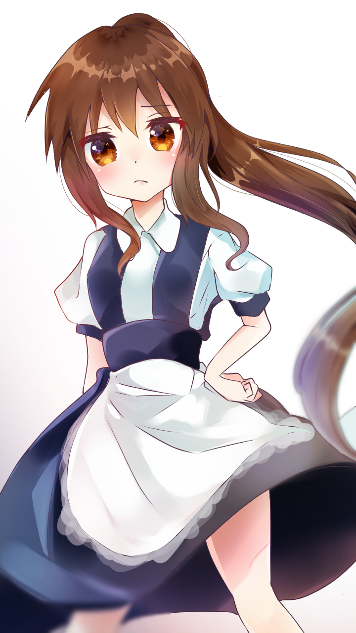 1girl alternate_costume apron bangs blue_skirt blush brown_eyes brown_hair closed_mouth commentary_request eyebrows_visible_through_hair hair_between_eyes hand_on_hip highres kyonko long_hair long_skirt looking_at_viewer medicine_(akiaki0720) ponytail shirt short_sleeves simple_background skirt solo suzumiya_haruhi_no_yuuutsu white_background