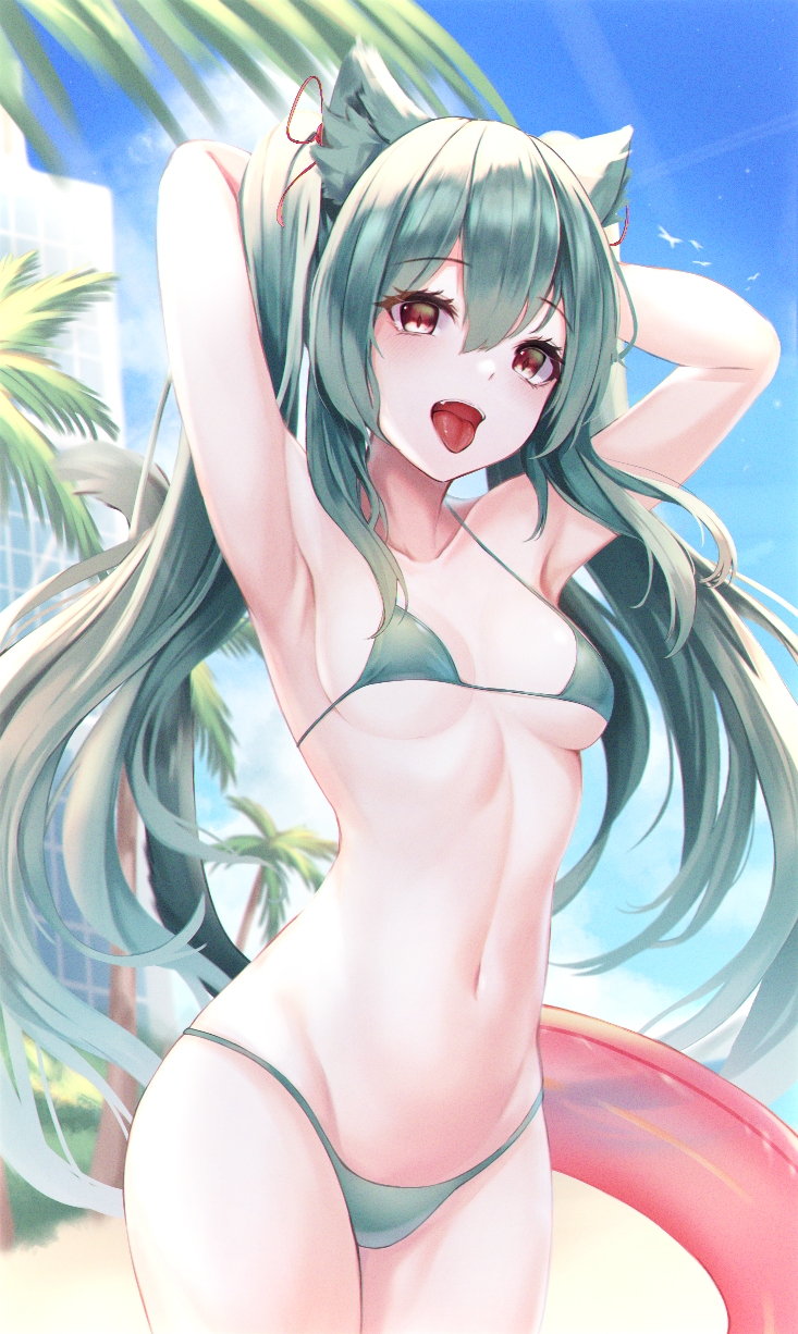 1girl :d animal_ears aqua_bikini aqua_hair armpits arms_behind_head arms_up bangs beach bikini blush breasts breasts_apart brown_eyes cat_ears cat_girl cat_tail cowboy_shot day eyebrows_visible_through_hair fang g_home hair_ribbon highres innertube long_hair looking_at_viewer medium_breasts navel open_mouth original outdoors palm_tree red_ribbon ribbon smile solo stomach swimsuit tail tongue tongue_out tree twintails under_boob very_long_hair