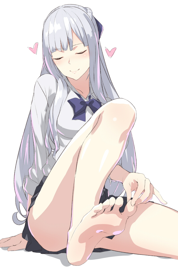 1girl ak-12_(girls_frontline) bangs bare_legs barefoot blush breasts closed_eyes commentary feet girls_frontline heart kageshio_(276006) large_breasts long_hair shirt sidelocks silver_hair simple_background sitting skirt smile soles solo toes white_shirt