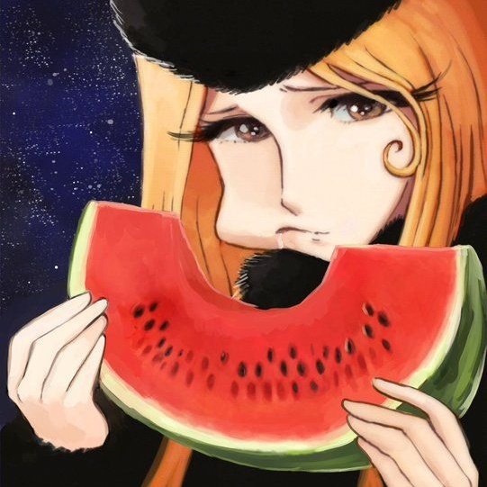 1girl black_headwear blonde_hair brown_eyes close-up commentary eating food fruit ginga_tetsudou_999 hat lafolie looking_at_viewer maetel matsumoto_leiji_(style) parody watermelon