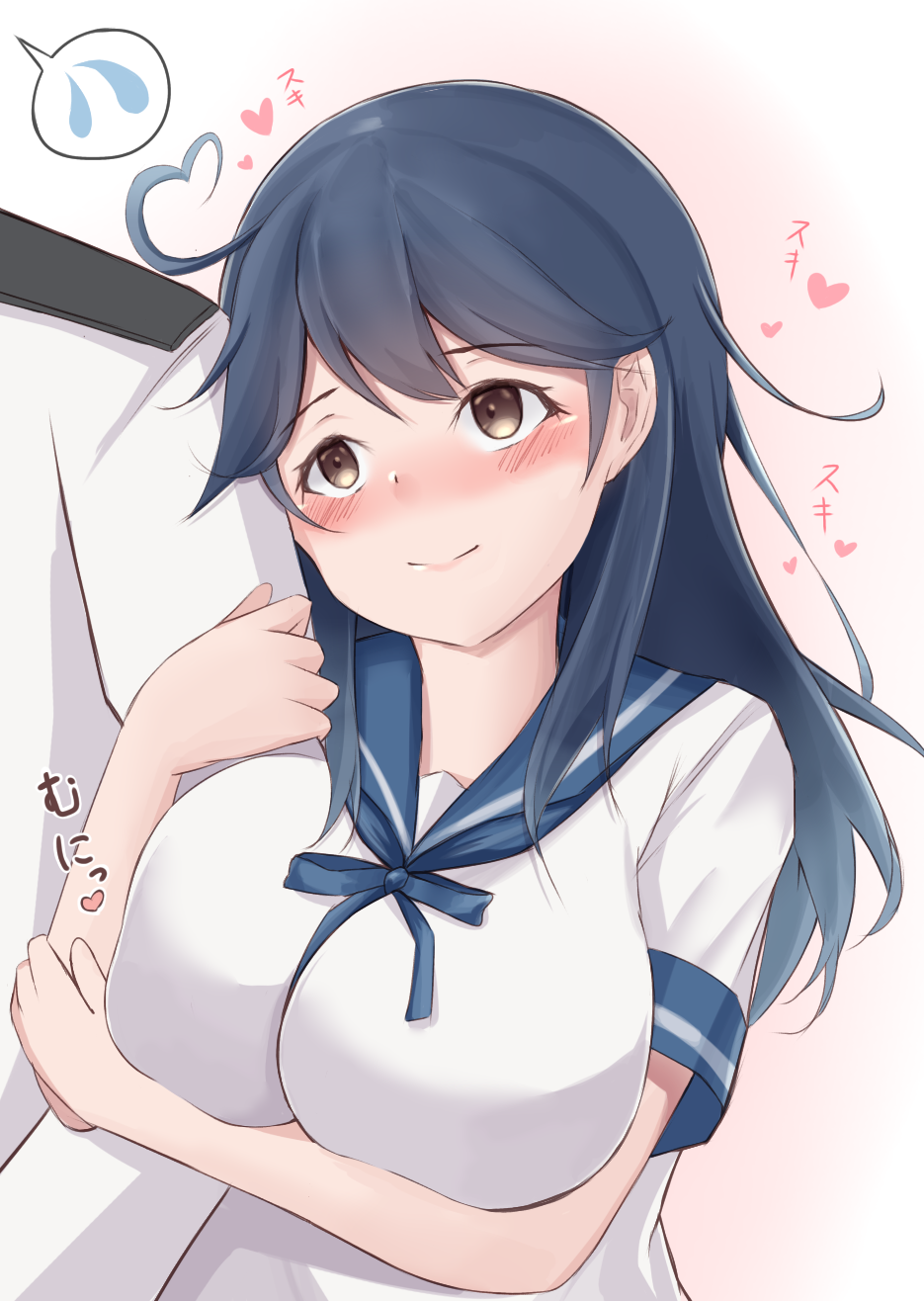 1boy 1girl 88942731ne admiral_(kantai_collection) arm_hug blue_hair blue_serafuku breasts brown_eyes commentary_request heart highres kantai_collection large_breasts long_hair military military_uniform naval_uniform school_uniform serafuku short_sleeves smile uniform ushio_(kantai_collection)