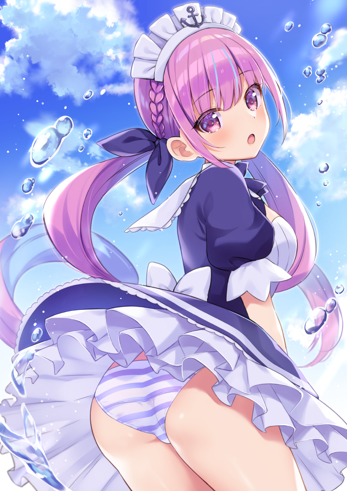 1girl :o ass blush bubble clouds colored_inner_hair commentary_request drill_hair hair_ribbon hololive long_hair looking_at_viewer maid_headdress minato_aqua multicolored_hair open_mouth panties ribbon sky solo striped striped_panties sumisaki_yuzuna twin_drills underwear violet_eyes virtual_youtuber