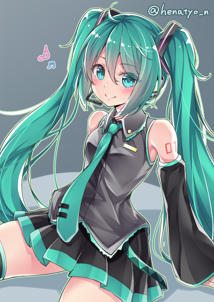 1girl ahoge aqua_eyes aqua_hair arm_support bare_shoulders black_skirt breasts detached_sleeves grey_background grey_shirt hair_ornament hatsune_miku headphones henacho long_hair long_sleeves looking_at_viewer medium_breasts microphone musical_note necktie number_tattoo shiny shiny_hair shirt sidelocks simple_background sitting skirt smile solo spread_legs tattoo thigh-highs twintails two-tone_shirt two-tone_skirt very_long_hair vocaloid