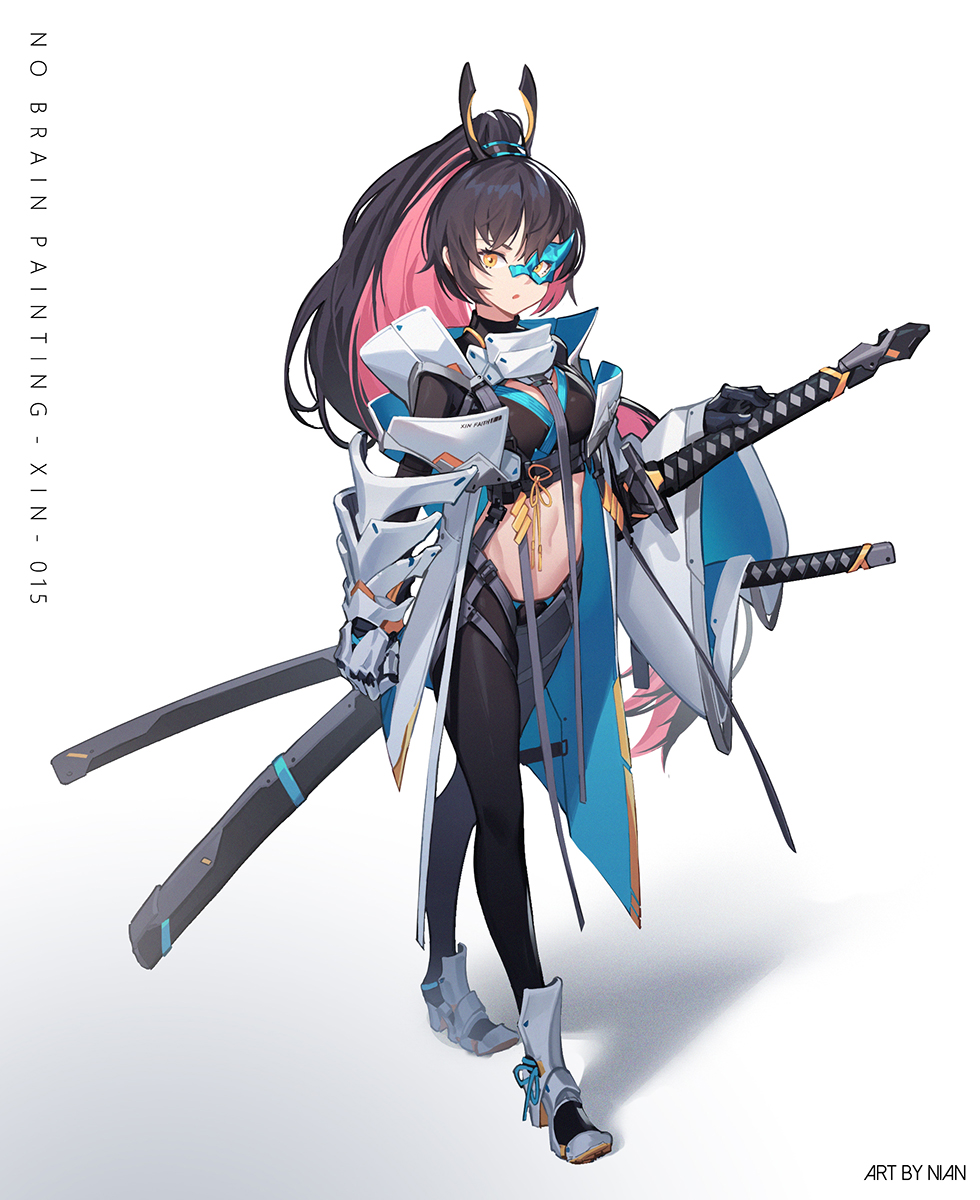 1girl armor artist_name black_gloves brown_hair coat english_text gauntlets gloves gradient gradient_background hand_on_weapon highres long_hair long_sleeves mask multicolored multicolored_hair navel nian ootachi original parted_lips pink_hair ponytail scabbard sheath sheathed signature sleeves_past_wrists solo standing sword turtleneck vambraces weapon white_coat wide_sleeves yellow_eyes