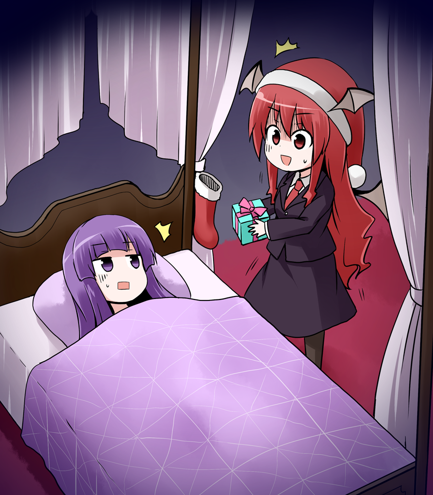 /\/\/\ 2girls :d :o bangs bat_wings black_jacket black_legwear black_skirt blanket blazer blunt_bangs bow box chibi christmas collared_shirt commentary curtains dress_shirt eyebrows_visible_through_hair four-poster_bed gift gift_box gloom_(expression) hat head_wings jacket koakuma kousei_(public_planet) long_hair long_sleeves looking_at_another looking_down looking_up lying multiple_girls open_mouth patchouli_knowledge pillow purple_hair red_eyes red_neckwear redhead santa_hat shirt skirt skirt_set smile standing sweatdrop thigh-highs touhou trembling under_covers very_long_hair violet_eyes white_shirt wings