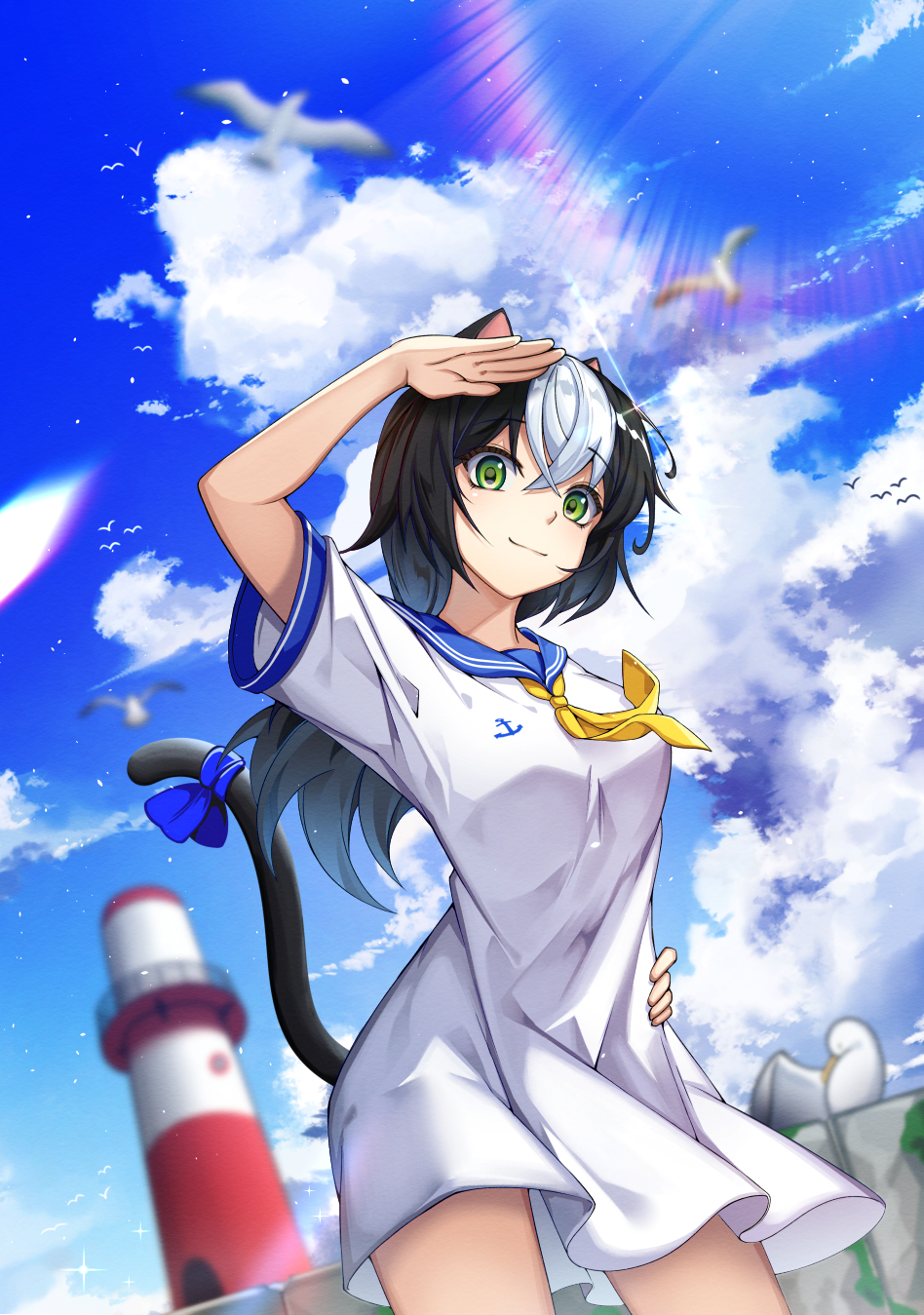 1girl anchor_symbol animal_ears bird black_hair blue_ribbon blue_sailor_collar blue_sky breasts cat_ears cat_girl cat_tail closed_mouth clouds cowboy_shot day dress dutch_angle green_eyes hand_on_hip highres lens_flare lighthouse long_hair looking_at_viewer medium_breasts multicolored_hair neckerchief oguri_(pixiv25574366) original outdoors ribbon sailor_collar sailor_dress salute short_sleeves sky smile solo tail tail_ribbon two-tone_hair white_dress white_hair yellow_neckwear