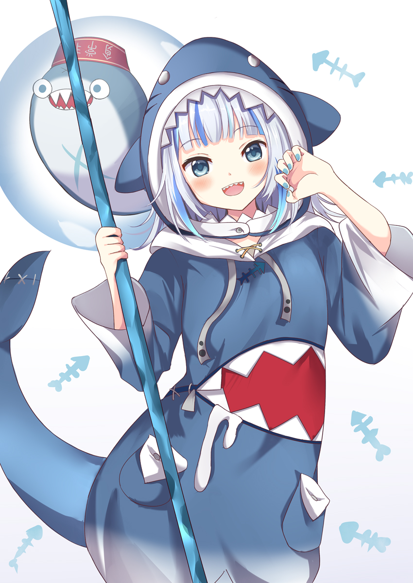 1girl :d bloop_(gawr_gura) blue_eyes blue_hair blue_nails blush bubble commentary fish_bone gawr_gura hat highres holding hololive hololive_english looking_at_viewer multicolored_hair nail_polish open_mouth rikopin shark shark_costume shark_hood shark_tail sharp_teeth smile streaked_hair tail teeth virtual_youtuber white_background