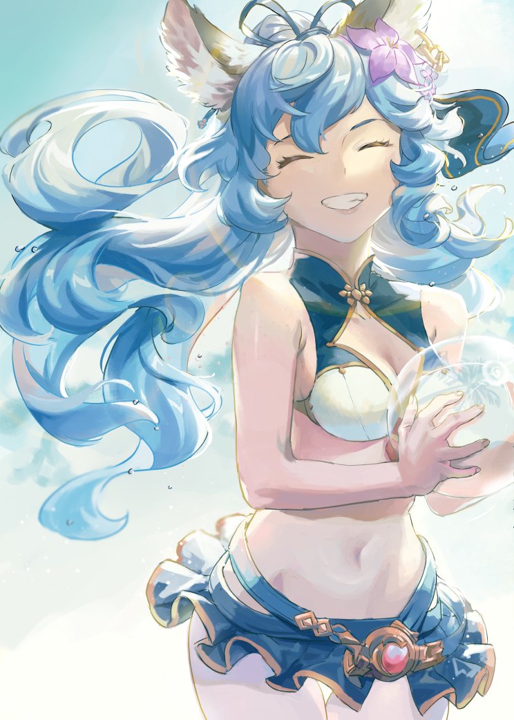 1girl animal_ears ball beachball bikini blue_hair breasts closed_eyes erune ferry_(granblue_fantasy) flower granblue_fantasy grin hair_flower hair_ornament long_hair medium_breasts navel ponytail smile sunao_(souis) swimsuit