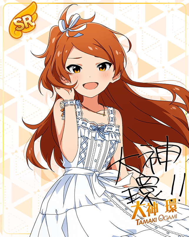 blush character_name dress idolmaster_million_live!_theater_days long_hair oogami_tamaki orange_hair smile yellow_eyes